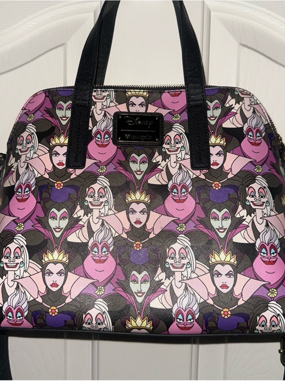 Loungefly Disney Villains Classic Pattern Dome Satchel - Black, Pink & Purpl